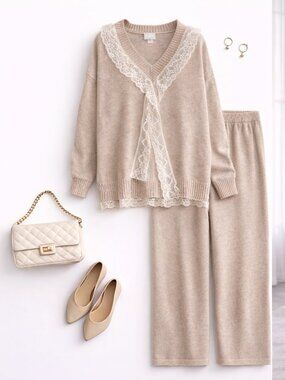 NWT Beige Knit Set Lace Trim Cozy Chic Outfit M-L